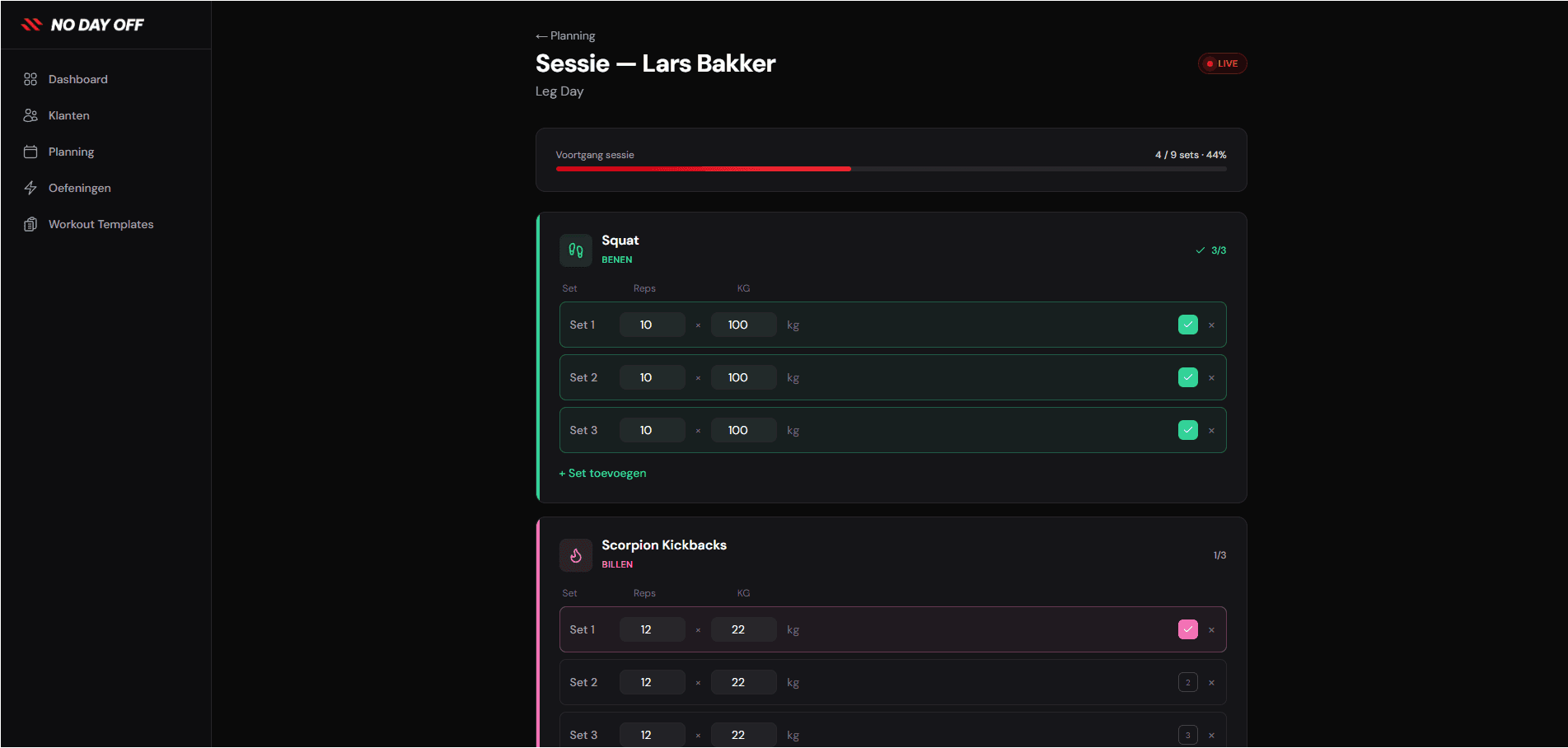 Live trainingssessie met set-logging