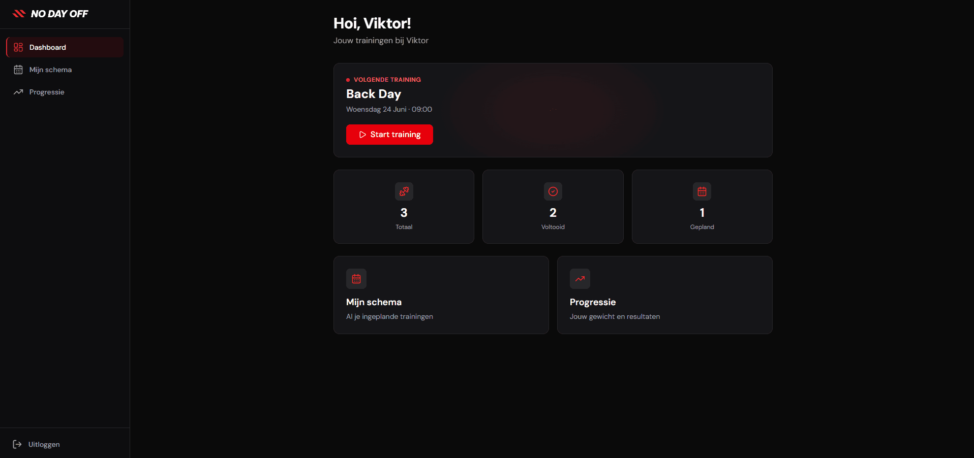 Klantportaal met dashboard, schema en progressie voor de sporter