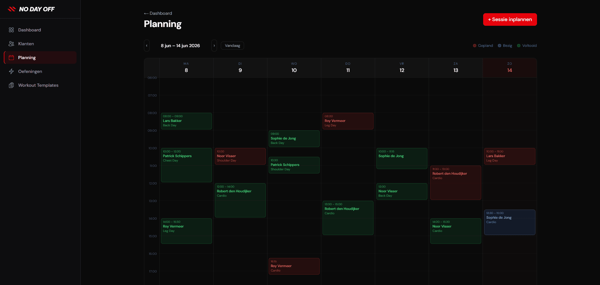 Weekagenda met ingeplande sessies